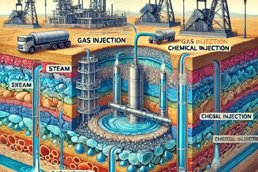 DALL·E 2024-10-25 02.36.11 - A detailed illustration showing the process of Enhanced Oil Recovery (EOR). The image depicts an oil field with various EOR techniques, such as steam